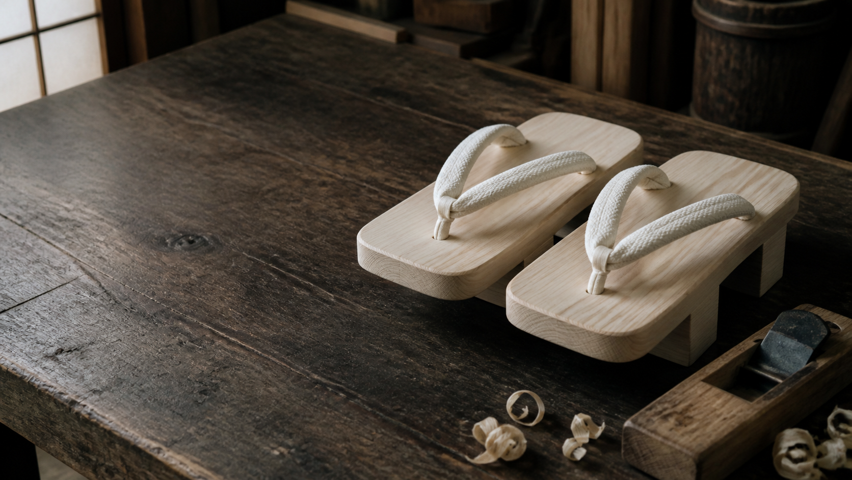 An editorial image of kiri-geta and woodworking tools